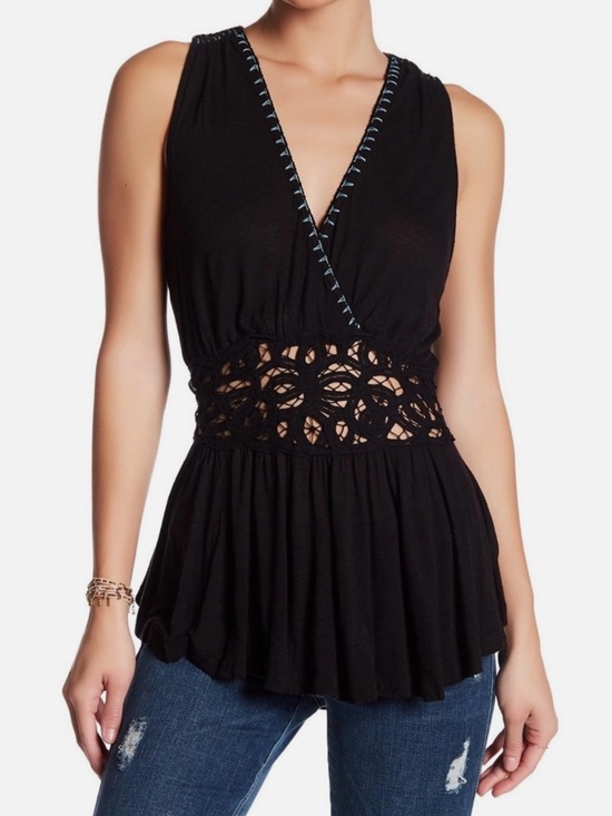 Free People Tops - Free People Black Megan Embroidered Crochet Waist Peplum Tank